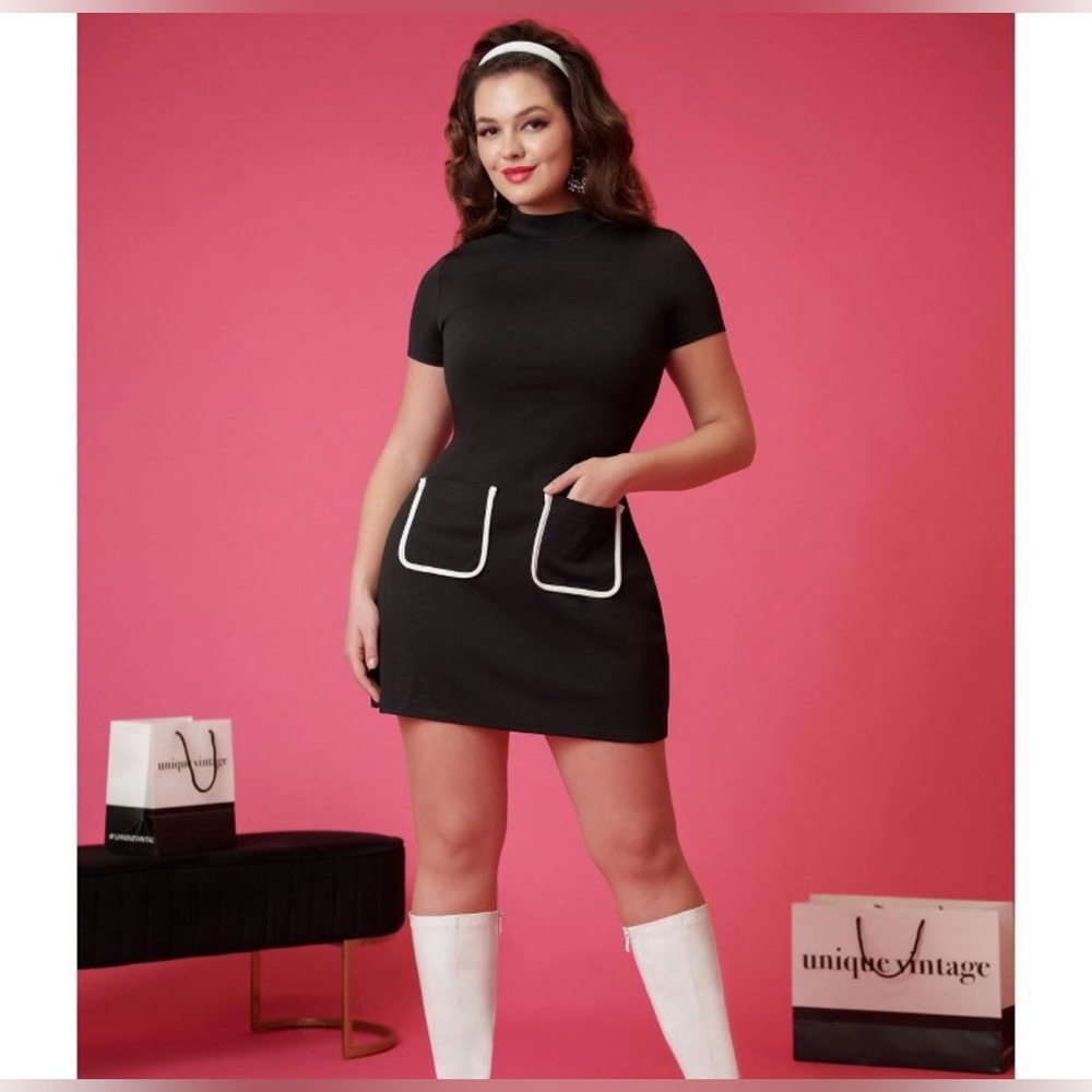 Unique Vintage Black Mockneck Mini Dress with White Trim, size XL